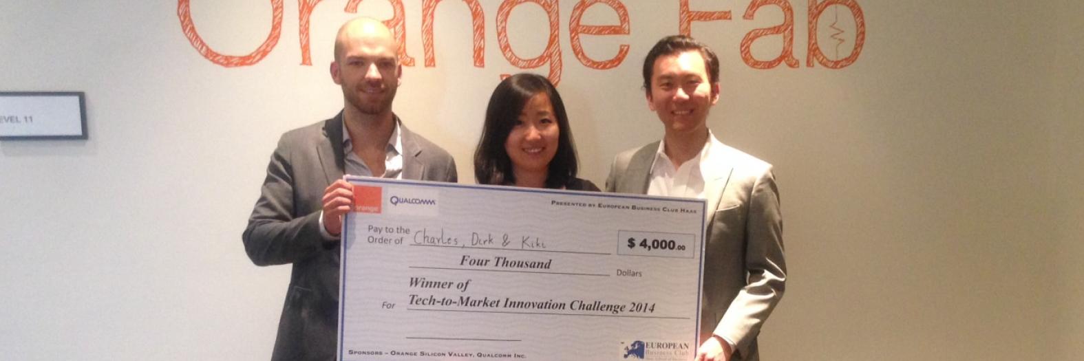 Dirk de Wit, Kiki Liu, and Charles Guo (left to right), winners of the Tech-to-Market Innovation Challenge