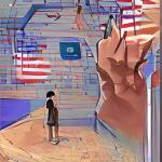 AI generated image with fragments of US flags floating amidst blurry tan and blue blocks. An outline of what appears to be a child in a dress standing at a podium. 