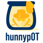 Blue and gold image of a honey pot with a black-hat hacker trapped inside