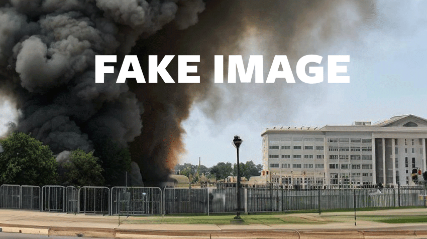 image of pentagon up in smoke with "fake image" overlaid