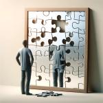 a mirror composed of puzzle pieces, with a person reflected in it while actively assembling the puzzle. The image captures the essence of self-reflection