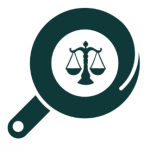 A logo of a magnifying glass with a set of legal scales within the viewing window