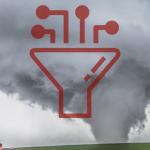 This is an image of two tornadoes with an orange truck driving nearby on a dirt road. The image is accompanied by an image of a filter that is processing data and three images that show parachutes with some type of provisions.  
