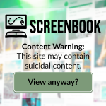 ScreenBook web extension logo and text reading: "Content Warning: This site may contain suicidal content." followed by a green button with the prompt "View anyway?""