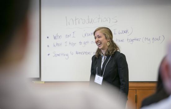 MIDS student Erin Boehmer received tips on speaking authoritatively to a crowd.