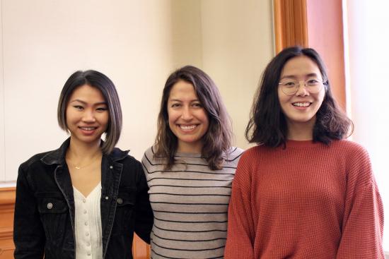 The outgoing 2018-2019 IMSA recruitment chair (Andrea Davila), with the incoming 2019-2020 recruitment chairs (Amanda Wu and Esther Jan)
