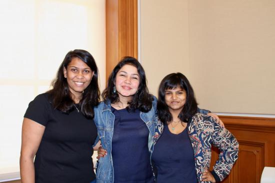 The outgoing 2018-2019 IMSA career relations and alumni chairs (Tanvi Sunku and Vidya), with the incoming 2019-2020 career relations and alumni chair (Sneha Chowdhary)