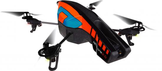 The Parrot AR.Drone 2.0 is a consumer-grade quadcopter — a small helicopter with four rotors.