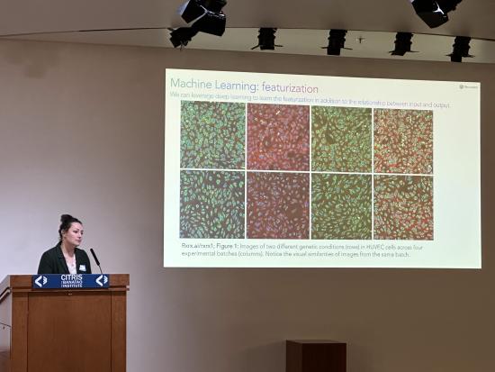 Brittney Vierra next to presentation slide with photos of cells