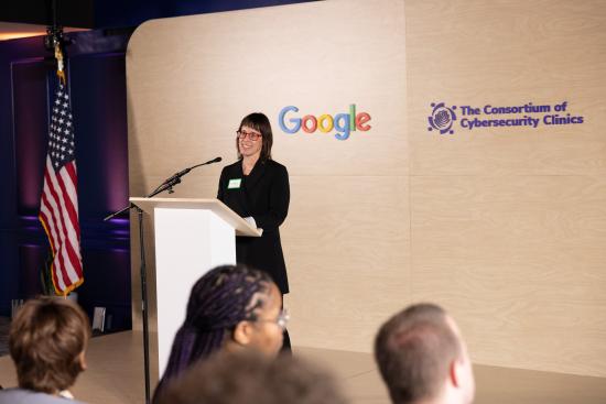 "Ann Cleaveland, Executive Director, Center for Long-Term Cybersecurity at the recent Google Cybersecurity Clinics Fund announcement event in Washington, D.C. (Photo courtesy of Google)"