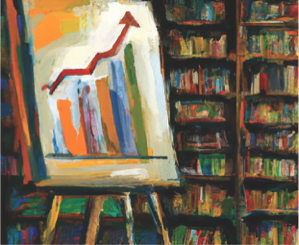 AI-generated image of library and charts in oil painting style