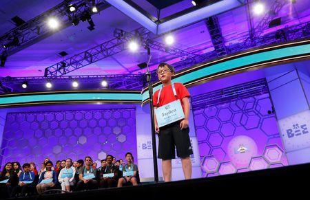 Jayden Lee from San Ramon, California, takes his turn at the Scripps National Spelling Bee at National Harbor in Maryland, U.S. May 29, 2018. REUTERS/Kevin Lamarque