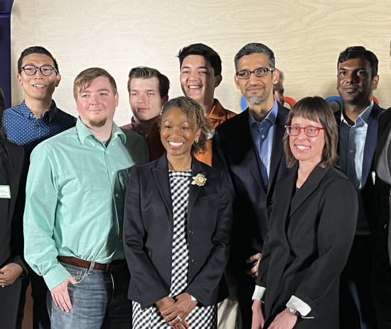 Google CEO Sundar Pichai, center, with Acting National Cybersecurity Director Kemba Walden, front left, and UC Berkeley’s Ann Cleaveland, front right, pictured together with cybersecurity clinic students from across the U.S.