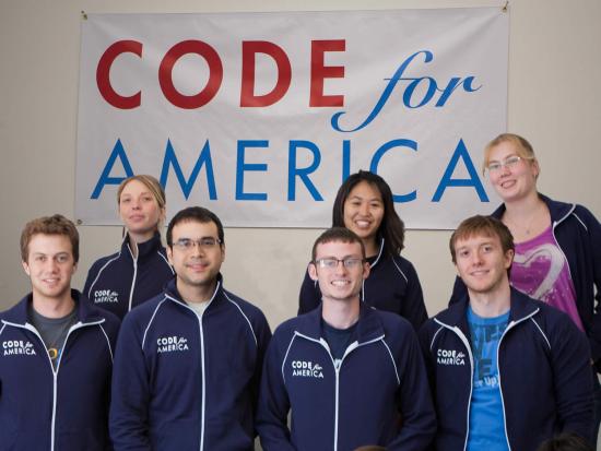 Karen Rustad (back right) and Bailey Smith (second from left), with other Code for America interns <br />(photo: Ryan Resella)