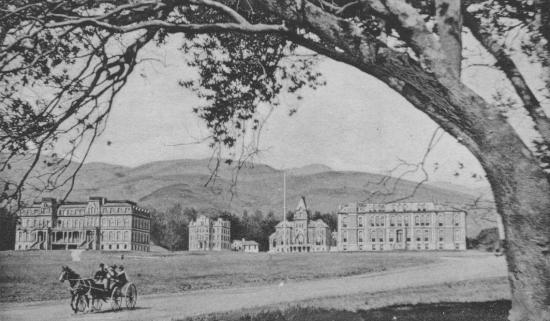 The University of California campus viewed from the southwest with a one horse carriage or buggy in the foreground.