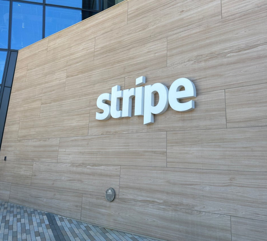 Photo of the "Stripe" sign at Stripe headquarters