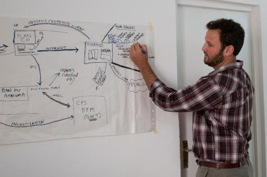 Paul Goodman sketches out the project workflow for combatting violence against children, in Benin, Africa.