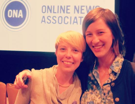 Bailey Smith & Anne Wootton receive the Knight News Challenge award at the Online News Association Conference.