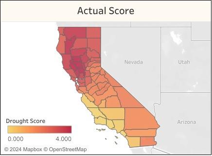 California county heatmap of actual drought scores in Oct to Dec 2020