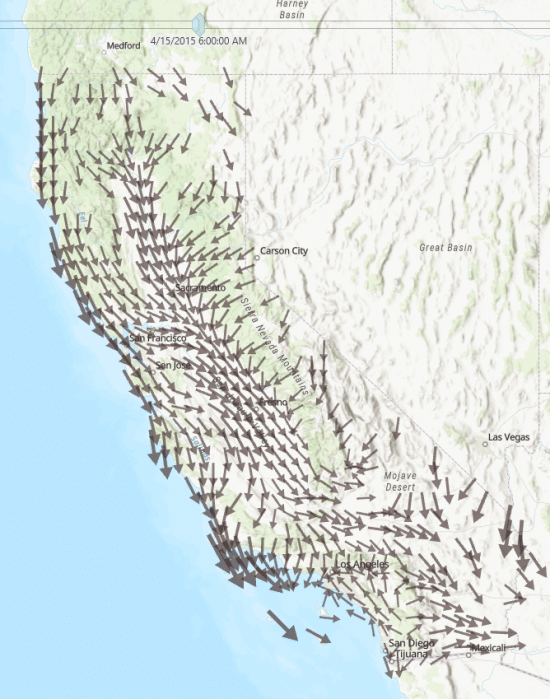 A map of the state of California with rotating arrows representing the wind direction for each hour