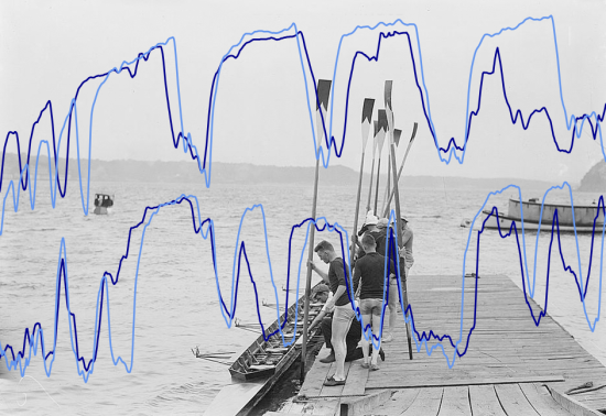 Black and white photograph of Cornell crew loading their oars into a racing shell. Cornflower and navy blue heart rate curves are overlaid on the image. 
