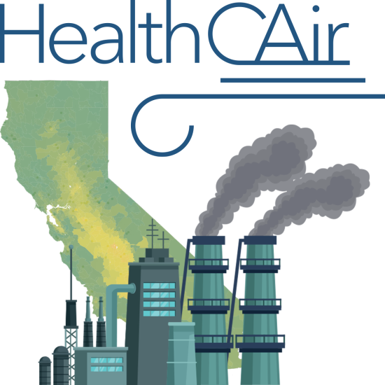 Line art of a polluting factory is superimposed over the shape of the state of California. Above these images, a play on the word Healthcare is deliberately misspelled, with a capital C and capital A for California, then a lowercase i and r spell Air.