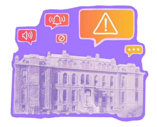 A purple-wash image of a vintage South Hall set against a bright purple background with hand drawn red and orange safety and warning icons floating above the building in speech bubbles. 